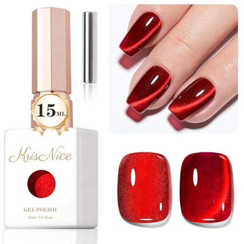 KRISNICE Cat Eye UV Gel Nagellack mit Magnet, 15ml Blutrot Cateye Magnet Einweichen Holografischer Katzenaugen Gel Nail Polish UV Nagellack Glitzer Art Manicure Salon Home DIY(MY008) von KRISNICE