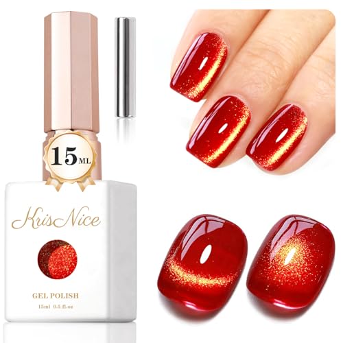 KRISNICE Cat Eye UV Gel Nagellack mit Magnet, 15ml Rot Gold Cateye Magnet Einweichen Holografischer Katzenaugen Gel Nail Polish UV Nagellack Glitzer Art Manicure Salon Home DIY(MY005) von KRISNICE