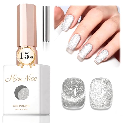 KRISNICE Cat Eye UV Gel Nagellack mit Magnet, 15ml Silber Platinum Cateye Magnet Einweichen Holografischer Katzenaugen Gel Nail Polish UV Nagellack Glitzer Art Manicure Salon Home DIY(MY018) von KRISNICE