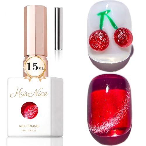KRISNICE UV Nagellack Cat Eye 15 ML, Cherry Red Gellack mit Magnet, Cat Eye Uv Gel, Glitter Gelnagellack Soak Off Reflective Gel Magnetic Nail Polish für Frauen und Mädchen (Cherry Red-MY026) von KRISNICE