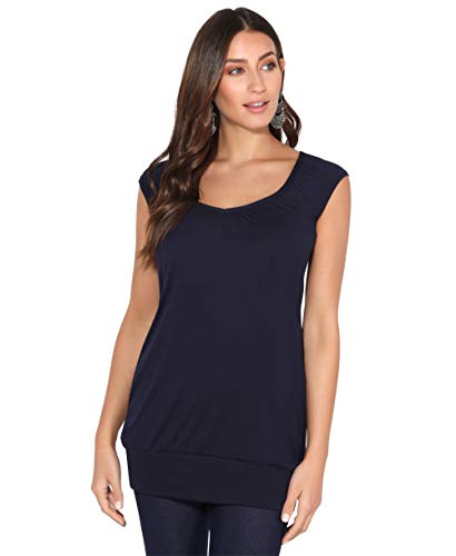 KRISP Damen Sommer T-Shirt Kurzarmshirt V-Ausschnitt Bluse Tunika Oberteil Top, Marineblau, 44, 7604-NVY-16 von KRISP