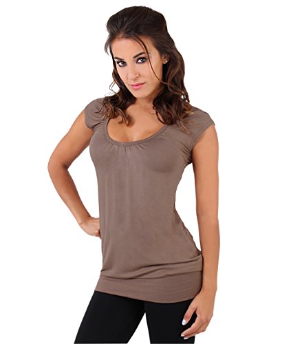 KRISP Damen Sommer T-Shirt Kurzarmshirt V-Ausschnitt Bluse Tunika Oberteil Top, Mokka, 36, 7604-MOC-08 von KRISP