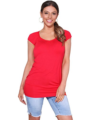 KRISP Damen Sommer T-Shirt Kurzarmshirt V-Ausschnitt Bluse Tunika Oberteil Top, Rot, 44, 7604-RED-16 von KRISP