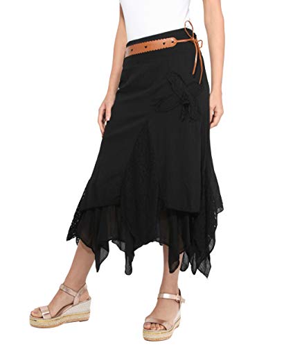 KRISP® Damen Rock mit Gürtel Midi Lagenrock Bohemien Maxirock Sommerock Freizeitrock Boho 7844-BLK-08 von KRISP