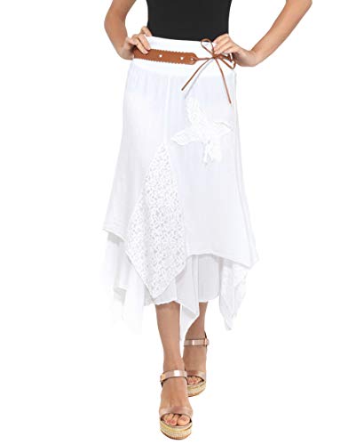 KRISP® Damen Rock mit Gürtel Midi Lagenrock Bohemien Maxirock Sommerock Freizeitrock Boho 7844-WHT-18 von KRISP