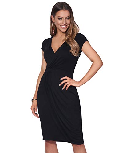 KRISP® Women Wrap Front Dress V Neck Pleated Cross Over, Schwarz (6678), EU 38 / UK 10 von KRISP