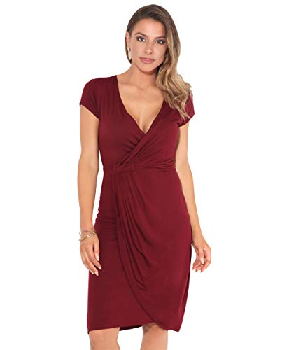 KRISP® Women Wrap Front Dress V Neck Pleated Cross Over, Weinrot (6678), EU 40 / UK 12 von KRISP