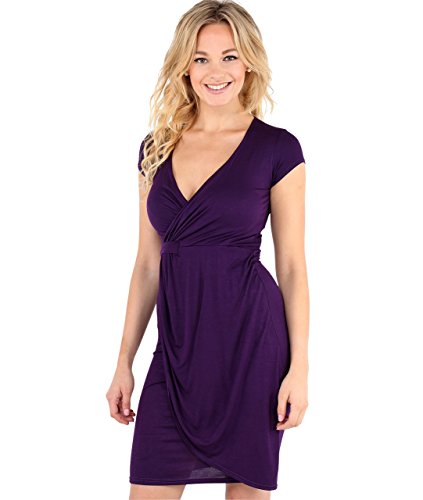 KRISP® Women Wrap Front Dress V Neck Pleated Cross Over, Violett (6678), EU 40 / UK 12 von KRISP