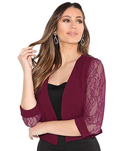 KRISP Damen Festliche Bolero Spitzenjacke Bolerojacken Für Kleider Spitze Hochzeit Jacke, Weinrot, 36, 5159-WIN-08 von KRISP