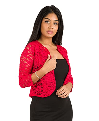 KRISP Damen Festliche Bolerojacke Spitzenjacke Bolero Strickjacke Hochzeit Damenjacke, Rot, 36, 3918-RED-08 von KRISP