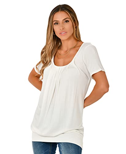 KRISP Damnen Lockeres Langes Top T-Skirt Kurzarmtop Gerafft Lose Tunika Shirt (Creme, Gr.38) (5079-CRM-10) von KRISP