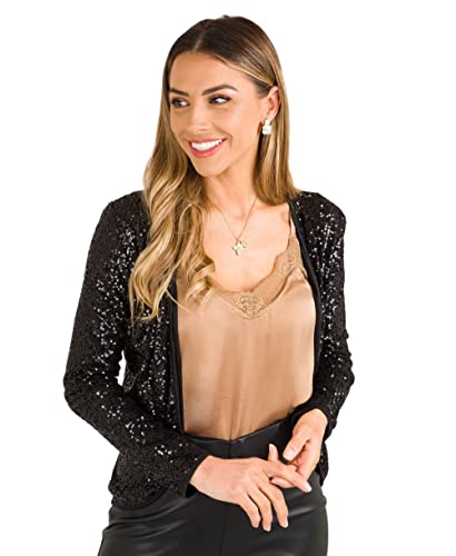 KRISP Damen Pailetten Jacke Festlich Eleganter Blazer Langarm, Schwarz (10825), 44, (10825-BLK-16) von KRISP