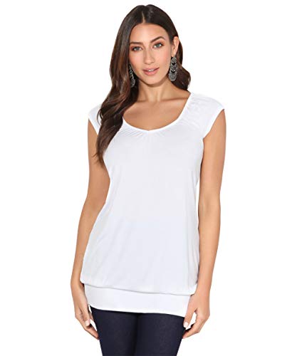 KRISP Damen Sommer T-Shirt Kurzarmshirt V-Ausschnitt Bluse Tunika Oberteil Top, Weiß, 36, 7604-WHT-08 von KRISP