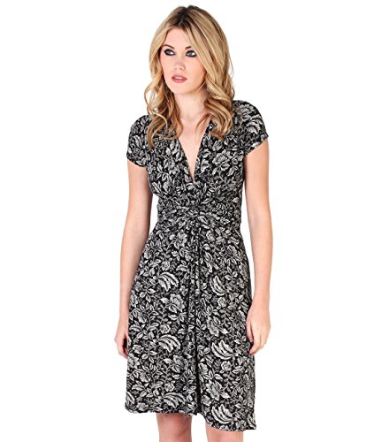 KRISP Damen Kurzarmkleid Freizeitkleid Sommerkleider V-Ausschnitt A-Linie (Cremeweiß/Schwarz, Gr.40), 6610-CRMBLK-12 von KRISP