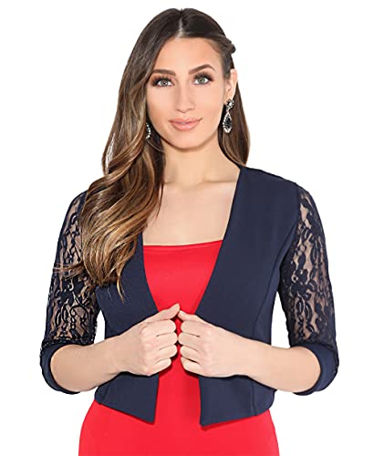 KRISP Damen Festliche Bolero Spitzenjacke Bolerojacken Für Kleider Spitze Hochzeit Jacke, Marineblau, 46, 5159-NVY-18 von KRISP