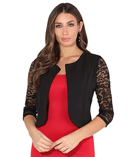 Krisp Offene Kurzjacke mit 3/4-Ärmeln aus Spitze (Schwarz, 40) (9330-BLK-12) von KRISP