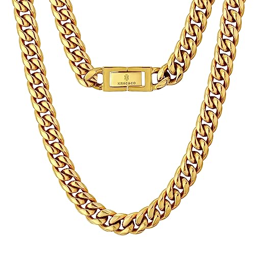 KRKC&CO 10mm Panzerkette 18K Gold plattiert Cuban Link Chains Edelstahl Panzerkette Halskette Miami kubanische Gliederkette für Herren Goldene Halskette Hip Hop Halskette für Männer Jungen Größe 61cm von KRKC & CO keep real keep champion