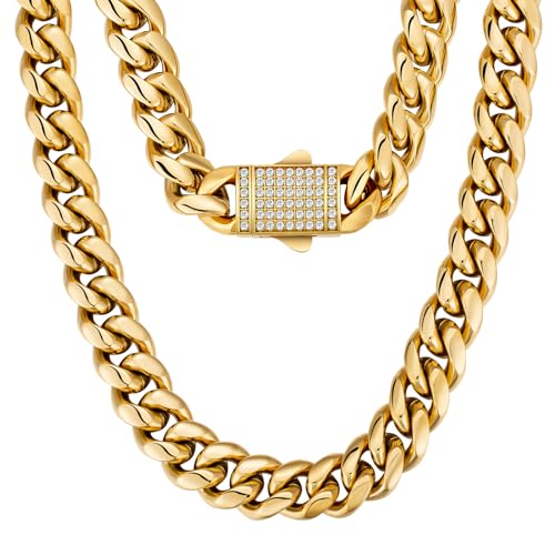 KRKC&CO 12mm Herren Panzerkette mit Iced Out Verschluss, 18K Gold plattiert Cuban Link Chain, Edelstahl Miami Kubanische Gliederkette Goldkette, Hip Hop Halskette für Männer Jungen [Größe 45,7cm] von KRKC & CO keep real keep champion