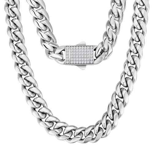 KRKC&CO 12mm Herren Panzerkette mit Iced Out Verschluss, Weißgold plattiert Cuban Link Chain, Edelstahl Miami Kubanische Gliederkette Silberkette, Hip Hop Halskette für Männer Jungen [Größe 45,7cm] von KRKC & CO keep real keep champion