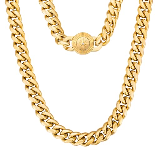KRKC&CO 12mm Herren Panzerkette mit rundem Kompass Verschluss, 18K Gold plattiert Cuban Link Chain, Edelstahl Miami Kubanische Gliederkette Goldkette, Halskette für Männer Jungen [Größe 61cm] von KRKC & CO keep real keep champion
