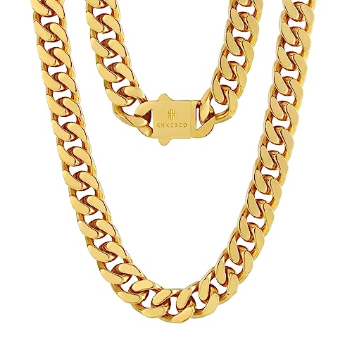 KRKC&CO 12mm Panzerkette, 18K Gold plattiert Cuban Link Chain, Edelstahl Panzerkette Herren Gold Kubanische Gliederkette, Herren Goldketten Hip Hop Kette für Männer Jungen Größe 46cm von KRKC & CO keep real keep champion