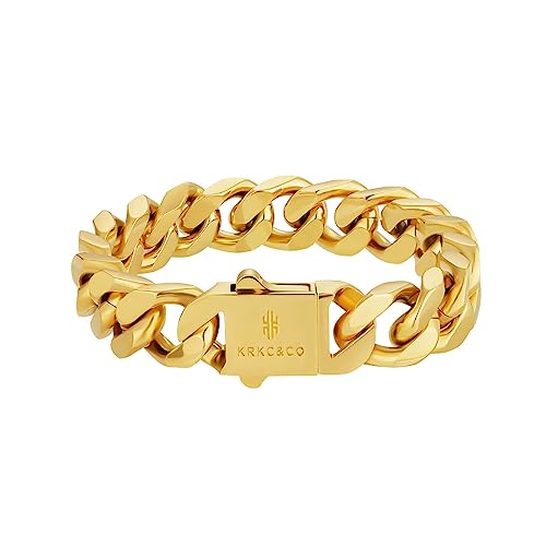 KRKC&CO 14mm Cuban Armband Herren, 18K Gold beschichtet Panzerkette Cuban Link Armband, Kubanische Gliederarmband Cuban Chains, Herren Gold Armband Edelstahl, Hip Hop Armband für Herren Jungen 22,9cm KRKC&CO 14mm Cuban Armband Herren, 18K Gold beschichtet Panzerkette Cuban Link Armband, Kubanische Gliederarmband Cuban Chains, Herren Gold Armband Edelstahl, Hip Hop Armband für Herren Jungen 22,9cm von KRKC & CO keep real keep champion