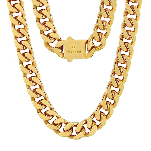 KRKC&CO 14mm Panzerkette, 18K Gold plattiert Cuban Link Chain, Edelstahl Panzerkette Herren Gold Kubanische Gliederkette, Herren Goldketten Hip Hop Kette für Männer Jungen Größe 51cm von KRKC & CO keep real keep champion