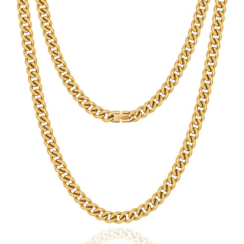 KRKC&CO 7mm Kette Männer, Panzerkette Herren Edelstahl, 18K Gold Vergoldet Cuban Link Chains Goldkette Halskette, Geburtstag Weihnachten Geschenke für Männer Jungs, [Länge 50,8cm] von KRKC & CO keep real keep champion