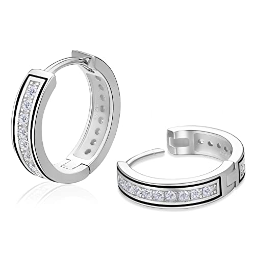 KRKC&CO Creolen Ohrringe S925 Silber 15mm, Unisex Iced Out Klappcreolen mit Zirkonia, Weißgold beschichtet Huggie Ohrsteckers Schwarz, Antiallergisch, Geburtstag Geschenke für Damen Herren von KRKC & CO keep real keep champion