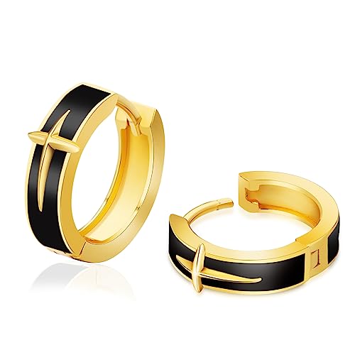 KRKC&CO Creolen Ohrringe S925 Silber 15mm, Unisex Stern Kreuz Klappcreolen Schwarz Gold, 14K Gold beschichtet Huggie Hoop Ohrringe, Antiallergisch allergiefrei, Geburtstag Geschenk für Männer Jungs von KRKC & CO keep real keep champion