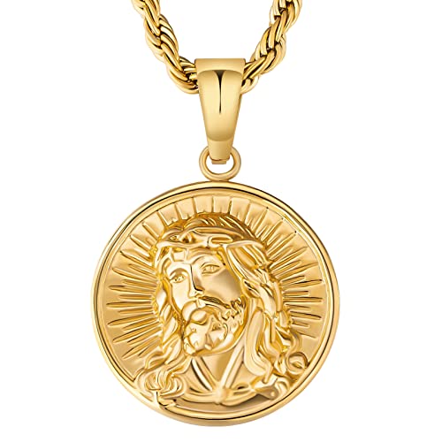 KRKC&CO Herren Münze Anhänger Kette, Jesus Kreuz Medaillen Anhänger Münzkette, 18K vergoldet Edelstahl Goldkette 2,5mm 56cm, Römischer Kettenanhänger Glücksbringer, Geschenk für Jungs Männer von KRKC & CO keep real keep champion