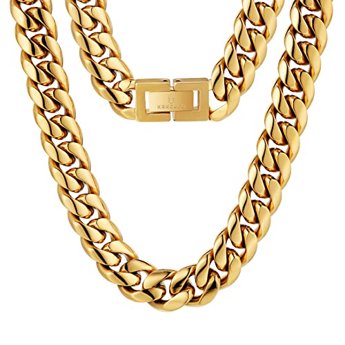 KRKC&CO Herren Panzerkette 14mm, 18K Gold plattiert Edelstahl Cuban Link Chain, Miami kubanische Gliederkette für Männer, Gold Kette Hip Hop Halskette für Jungen Größe 55,9cm von KRKC & CO keep real keep champion