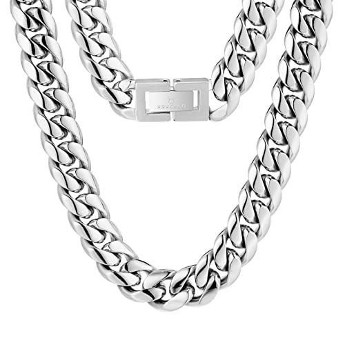 KRKC&CO Herren Panzerkette 14mm, Edelstahl Cuban Link Chain Silberkette, Miami kubanische Gliederkette für Männer, Silber Halskette Hip Hop Halskette für Jungen Größe 45,7cm von KRKC & CO keep real keep champion