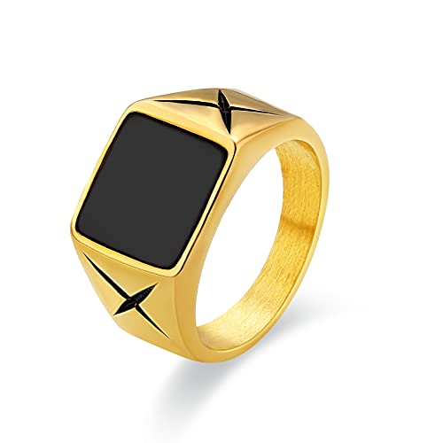 KRKC&CO Herren Ring Golden, Edelstahl Quadrat Siegelring mit Schwarz Rechteck Onyx Stein, 18K Gold beschichtet Ring Golden, Punk Style Hip Hop Schmuck, Trauringe Verlobungsring für Männer, Größe 54 von KRKC & CO keep real keep champion