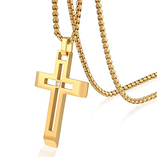 KRKC&CO Kreuz Anhänger Kette Iced Out, 2mm 61cm Kette mit Hohl Kreuzanhänger, vergoldete Edelstahl Anhänger Halskette, Goldketten Silberkette, Kreuz Kette für Herren Jungen Damen, Geburtstag Geschenk von KRKC & CO keep real keep champion