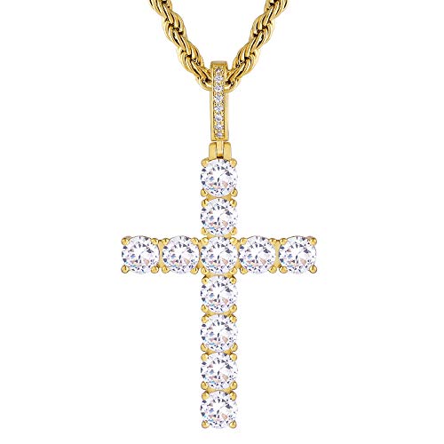 KRKC&CO Kreuz Kette, 14K Gold plattiert 2,5mm 56cm Rope Kette mit Iced Out Kreuz Anhänger, Kreuz mit Zirkonia Silber Kreuzkette Kordelkette Hip Hop Anhänger Kette Geschenke für Herren von KRKC & CO keep real keep champion