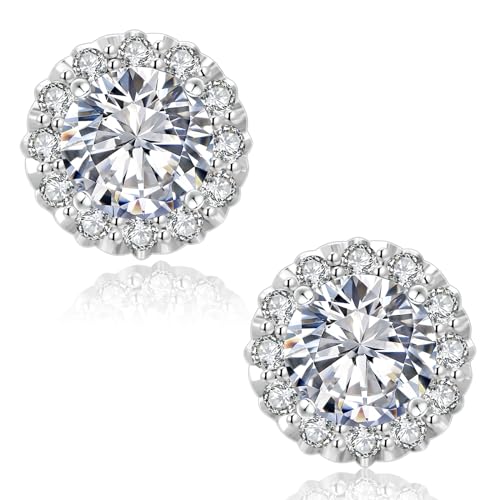 KRKC&CO Moissanite Ohrringe Damen S925 Silber, Blume Ohrsteckers Halo, 1,0 Karat echter runde Moissanit Diamant, VVS1 Reinheit D Farbe, Weißgold vergoldet allergiefrei, Halo von KRKC & CO keep real keep champion