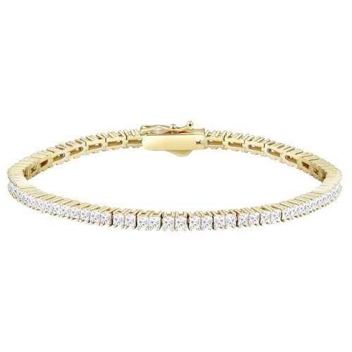 KRKC&CO Tennisarmband Silber 925 für Damen, 2mm Tennis Armband Prinzessschliff 14K Gold beschichtet, Zirkonia Kristall Armband Iced Out, Geburtstag Geschenk für Frauen Mädchen [Größe 16,5cm] von KRKC & CO keep real keep champion