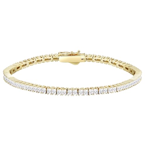 KRKC&CO Tennisarmband Silber 925 für Damen, 2mm Tennis Armband Prinzessschliff 14K Gold beschichtet, Zirkonia Kristall Armband Iced Out, Geburtstag Geschenk für Frauen Mädchen [Größe 19cm] von KRKC & CO keep real keep champion