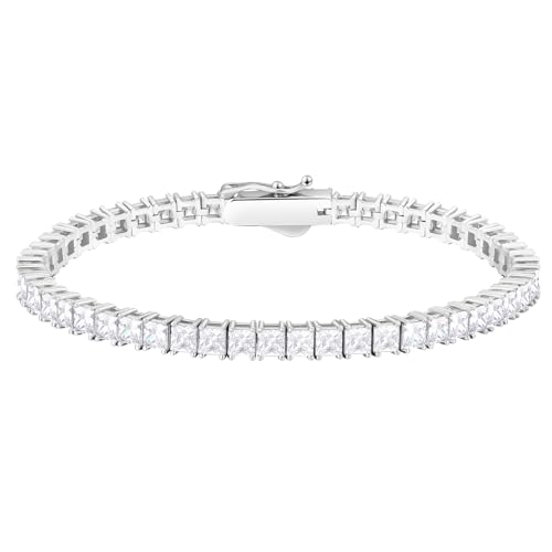 KRKC&CO Tennisarmband Silber 925 für Damen, 3mm Tennis Armband Prinzessschliff Weißgold beschichtet, Zirkonia Kristall Armband Iced Out, Geburtstag Geschenk für Frauen Mädchen [Größe 16,5cm] von KRKC & CO keep real keep champion