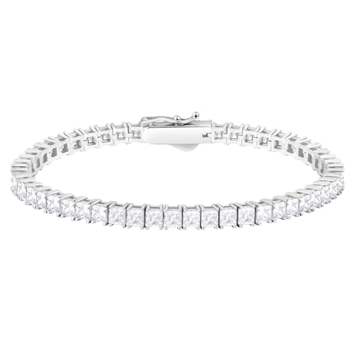 KRKC&CO Tennisarmband Silber 925 für Damen, 3mm Tennis Armband Prinzessschliff Weißgold beschichtet, Zirkonia Kristall Armband Iced Out, Geburtstag Geschenk für Frauen Mädchen [Größe 17,8cm] von KRKC & CO keep real keep champion