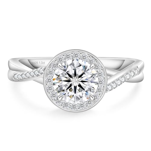 KRKC&CO Verlobungsring Damen Halo Moissanite Ring, 1 Karat Moissanit Diamant Ring, VVS1 D Farbe, 925 Silber Weißgold, Verlöbnis Hochzeitstag Jubiläum Geburtstag Geschenk für Frauen, 56 (17.8) von KRKC & CO keep real keep champion
