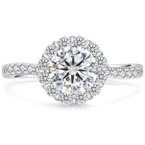 KRKC&CO Verlobungsring Damen Halo Moissanite Ringe, 1 Karat Halo Ringe Trauringe, VVS1 D Farbe, 925 Silber Weißgold, Verlöbnis Hochzeitstag Jubiläum Geschenk für Frauen, 50 (15.9) von KRKC & CO keep real keep champion