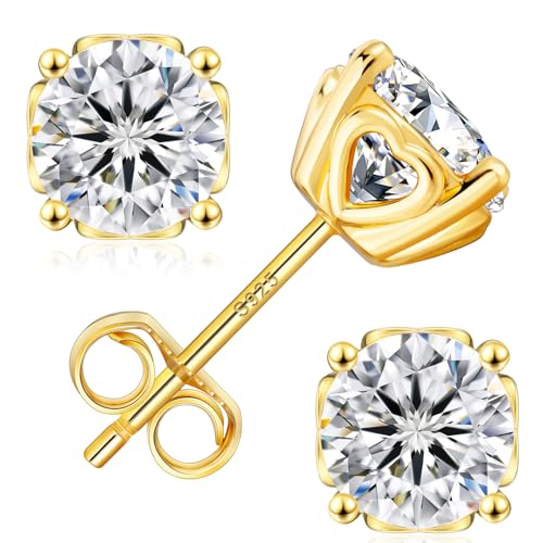 KRKC Moissanite Ohrringe für Damen, S925 Silber Diamant Ohrstecker 2 Karat, 14K Gold vergoldet VVS1 D Farbe, Herz-Krappen Nickelfrei Rund Ohrschmuck(1,0ct Einzel-2,0 ctw-6.5mm, 14K Gold Vergoldet) von KRKC