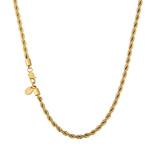 KRKC Herren Halskette, Kordelkette 18K Gold Vergoldet Edelstahl 4mm Rope Chain, Nickelfrei Kette für Männer Herren Länge 55,9cm von KRKC