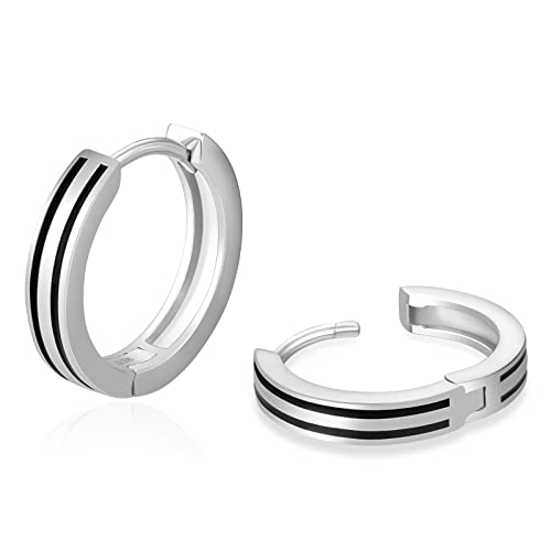 KRKC Silber Kreolen Hoop Ohrringe, 15mm Schwarz/Weißgold Vergoldet S925 Sterling Silber Ohrringe, Nickel-frei Creolen für Herren Männer(Doppel-Linie-Silber) von KRKC