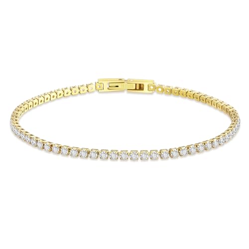 KRKC Damen Armband, 14K Gold Vergoldet 2mm Edelstahl Tennis Armband 5A Zirkonia, Nickel-frei Rostfrei Armkette Schmuck Geschenk für Frauen Geburtstag Muttertag Länge 19cm von KRKC