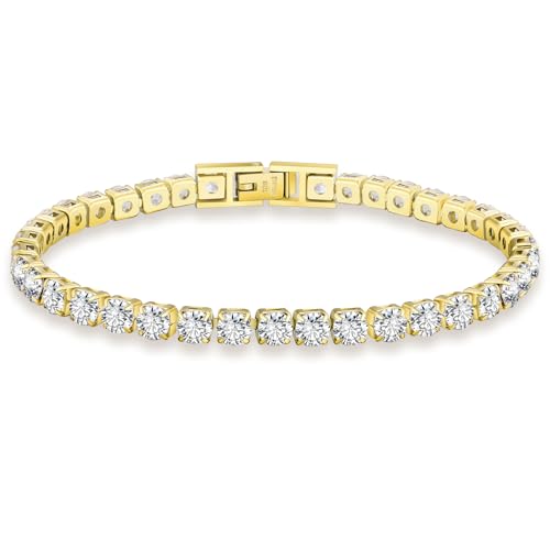 KRKC Damen Armband, 14K Gold Vergoldet 4mm Edelstahl Tennis Armband 5A Zirkonia, Nickel-frei Rostfrei Armkette Schmuck Geschenk für Frauen Geburtstag Muttertag Länge 16,5cm von KRKC