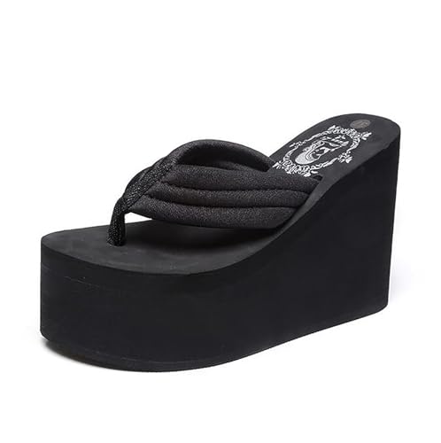 Damen Hausschuhe mit dickem Boden Peep Toe Modedekor Slipper mit Keilabsatz Sommer Strand Urlaubssandalen,Black-38 von KRLZKID