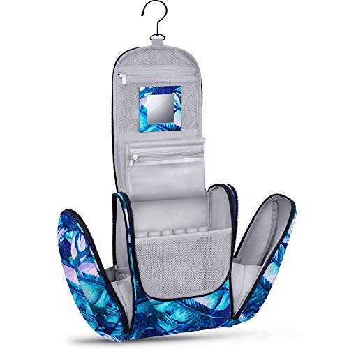 Großer Premium Kulturbeutel zum Aufhängen mit Spiegel [Modell 2021] für Männer und Frauen I Geräumiger Kulturtasche Herren mit Haken I Beauty Case Damen I Waschtasche I Kosmetiktasche (Blätter) von KRONIFY